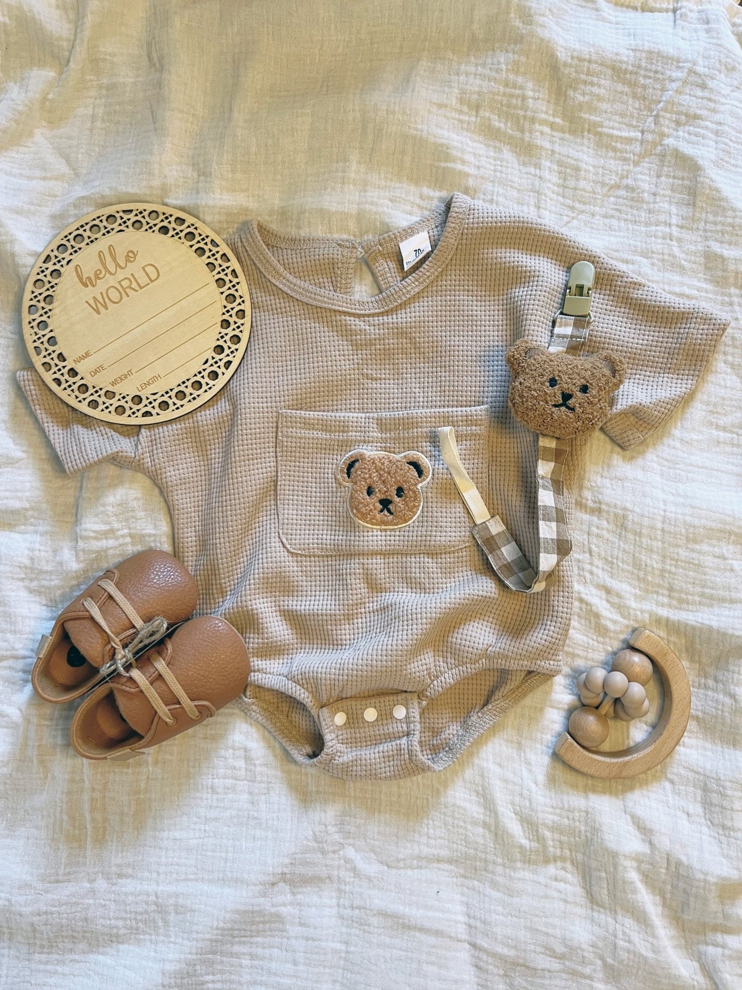 teddy bear waffle knit bubble romper - Little Moon Baby Market