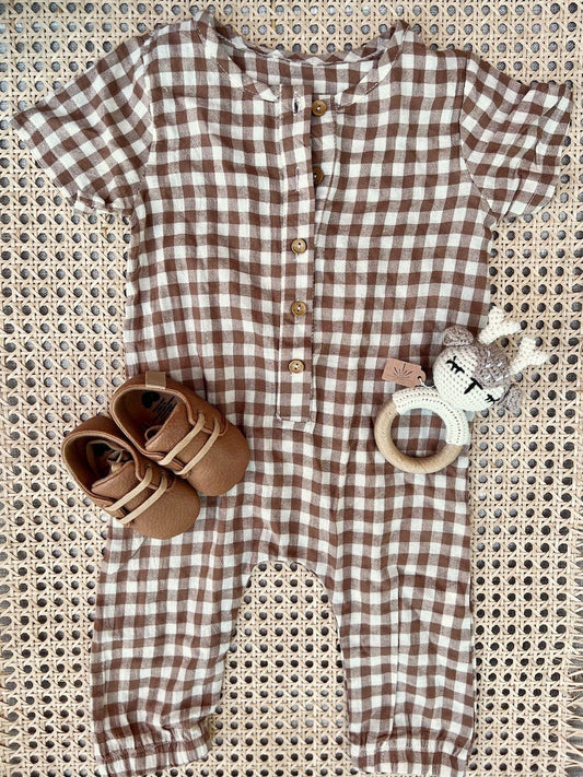 autumn vibes plaid linen romper - Little Moon Baby Market