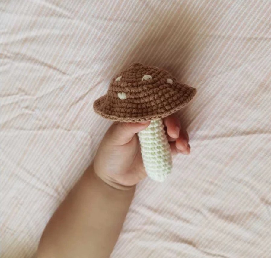 fun guy mushroom crochet baby rattle - Little Moon Baby Market