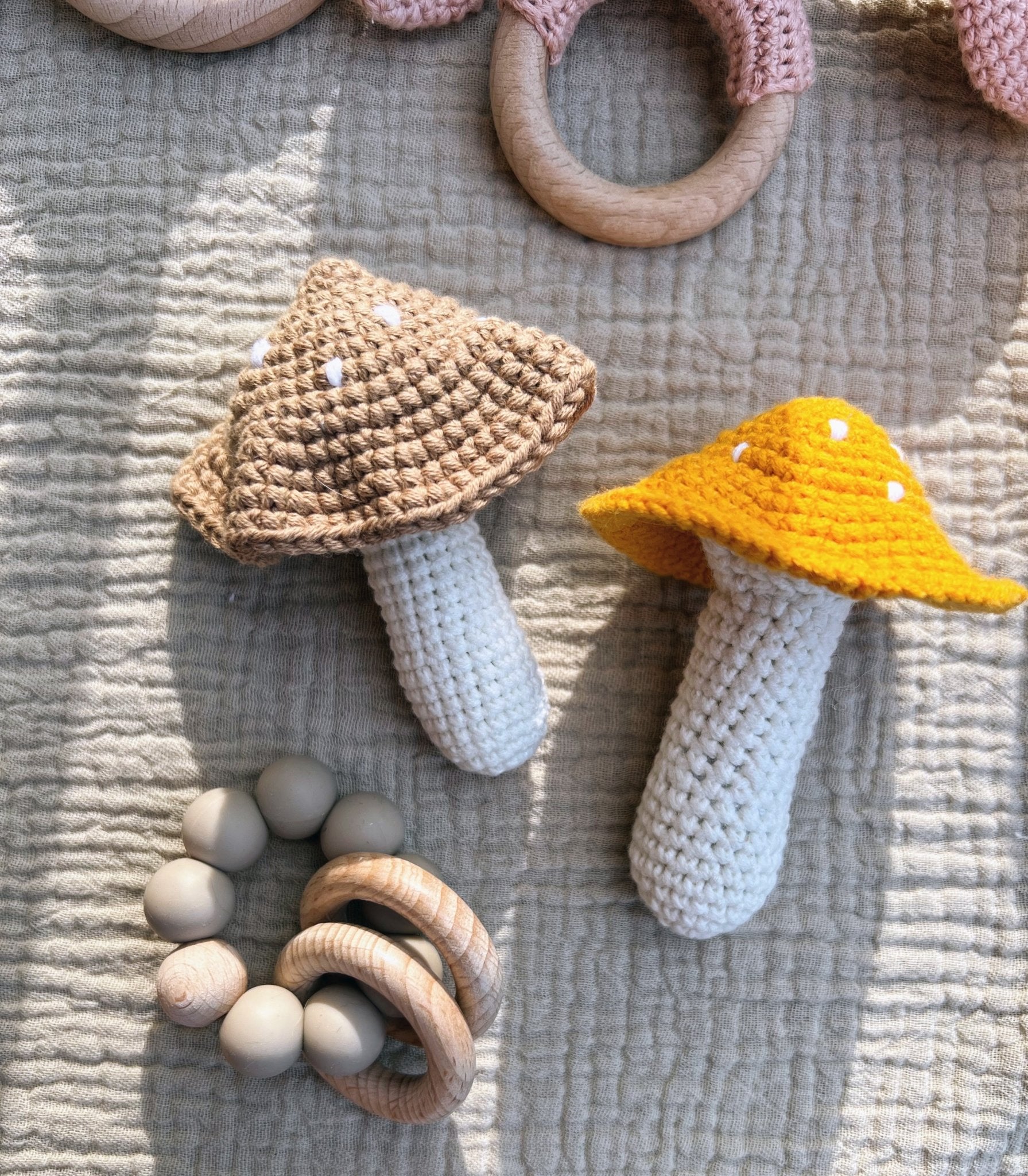 fun guy mushroom crochet baby rattle - Little Moon Baby Market